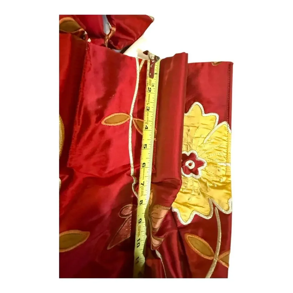 2 -Silk Taffeta Embroidered Floral Red Yellow Lined Drapery Curtain Panels 24x98